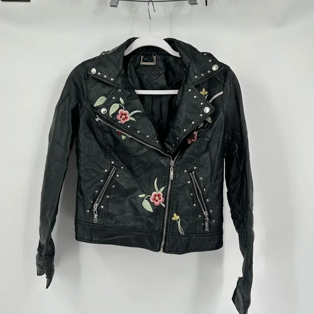 Womens Whimsigoth Moto Jacket Size S Floral‎ Embroidered Faux Leather Indie Alt